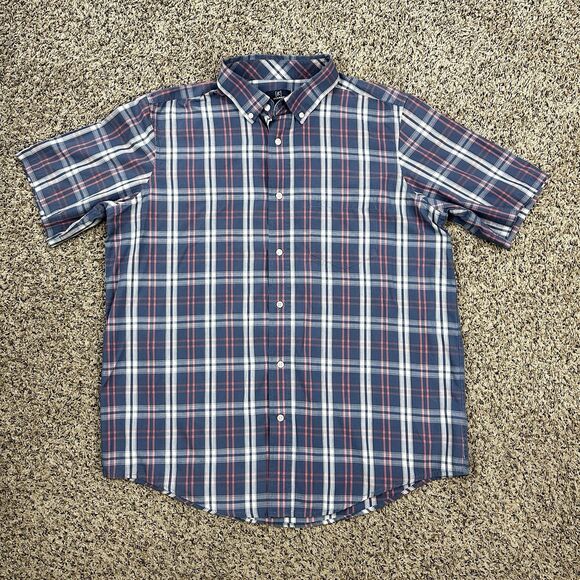George Classic Fit Button Up Shirt Mens L Slate Blue Plaid Short Sleeve Collared - Picture 1 of 9